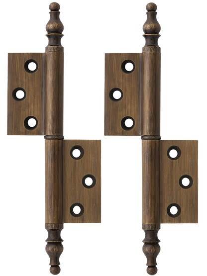 Pair of Solid Brass Steeple Tip Left-Hand Flag Hinges - 3 1/4 inch x 1 3/4 inch in Antique Brass.